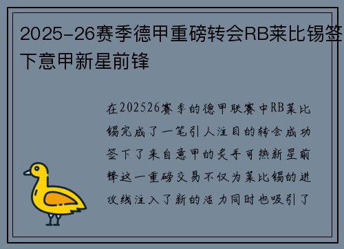 2025-26赛季德甲重磅转会RB莱比锡签下意甲新星前锋